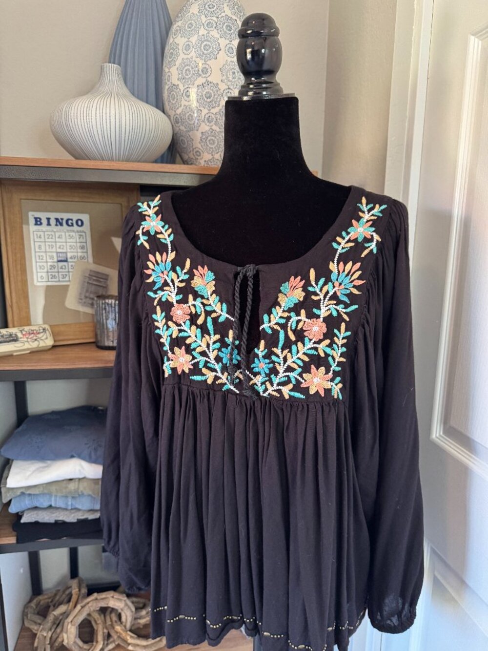 Cost Plus World Market Black Peasant Blouse with Multicolor Floral Embroidery
